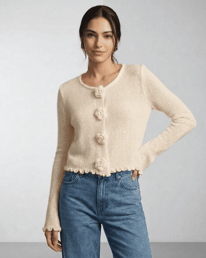 Ivory Cardigan by Slimona - Floral Button Knit Cardigan with soft knit texture and long sleeves.