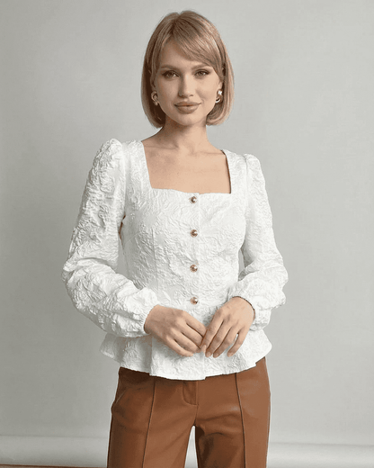 Ivory Corset Top by Slimona, jacquard square neck puff sleeve blouse with structured design.