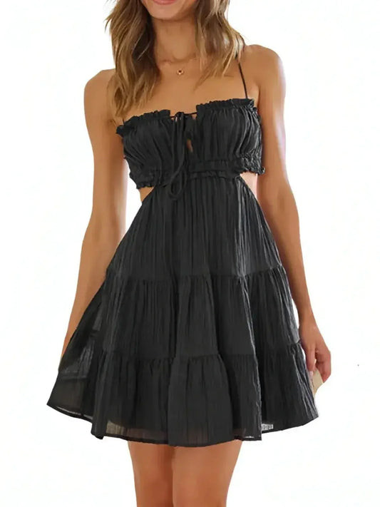 Black A-line midi dress with tiered ruffles and cutout sides, perfect for summer parties and weddings.