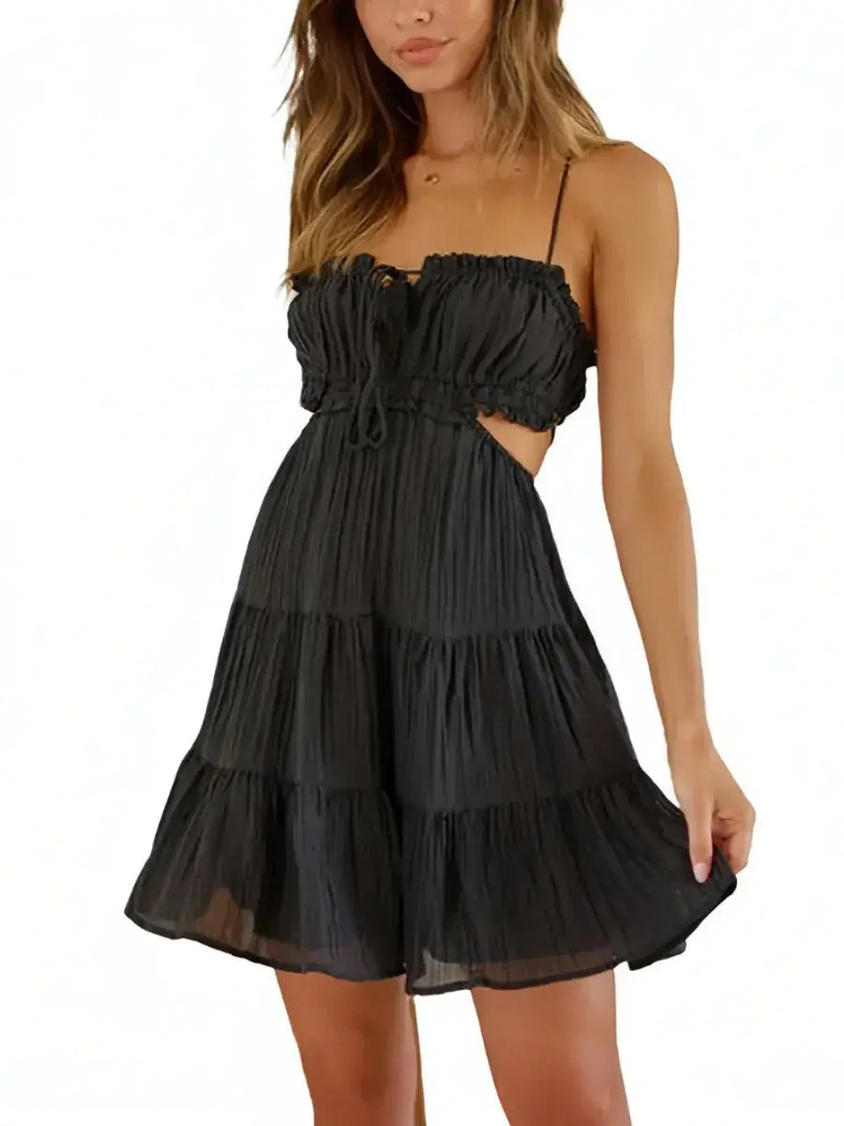 Irresistible black A-line midi dress featuring tiered ruffles and a tie-front neckline, perfect for summer parties.