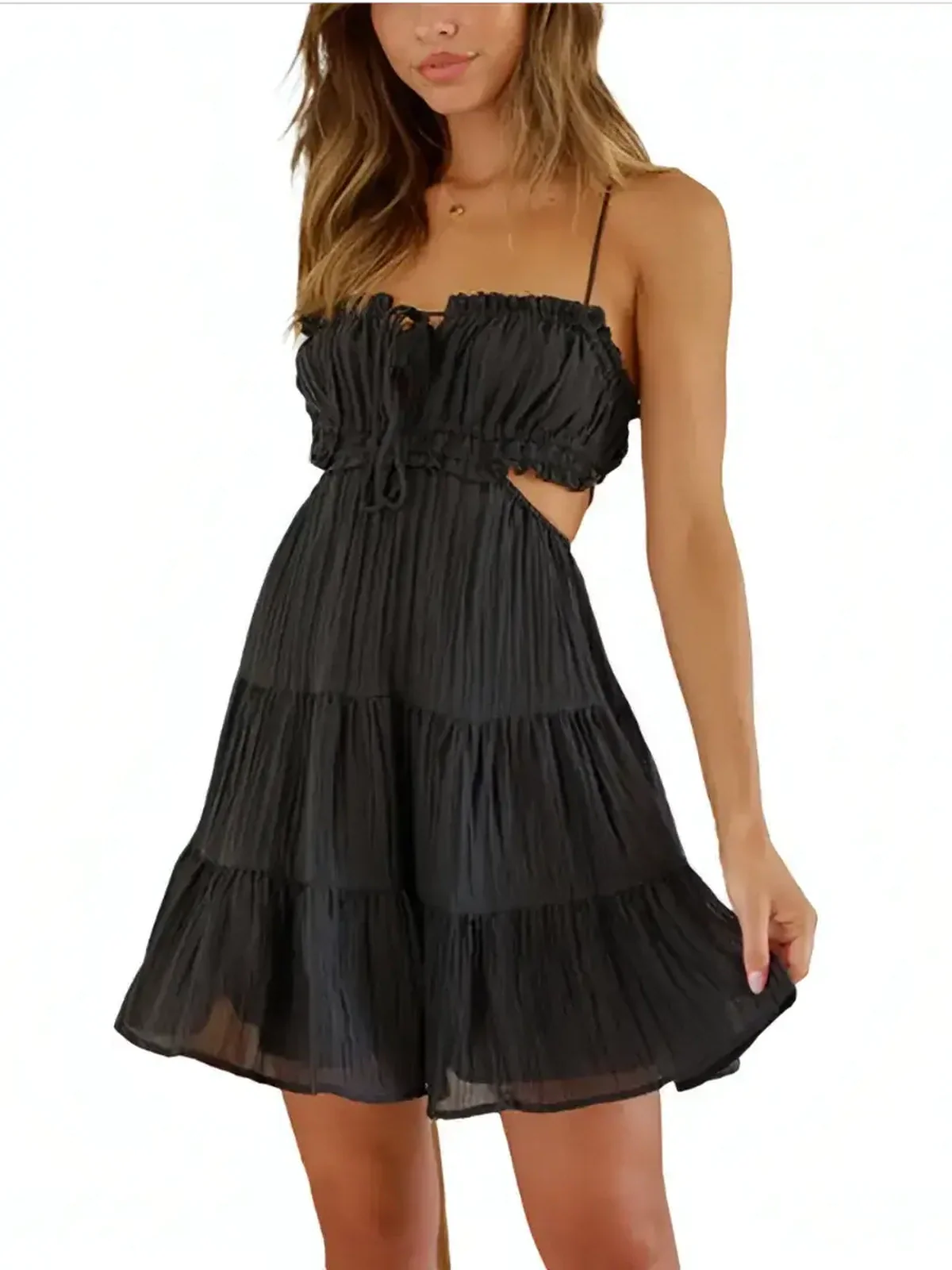 Black summer midi dress featuring tiered ruffles, cutout sides, and a tie-front neckline, perfect for beachside brunches.