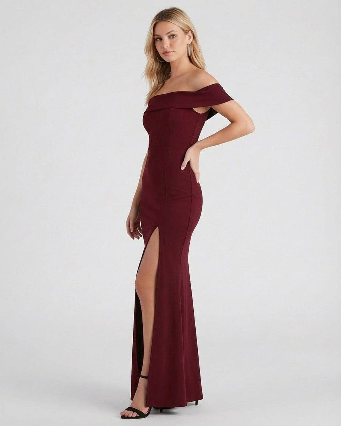 Kate Maxi Dress by Slimona – Elegant off-the-shoulder burgundy dress with a thigh-high slit.