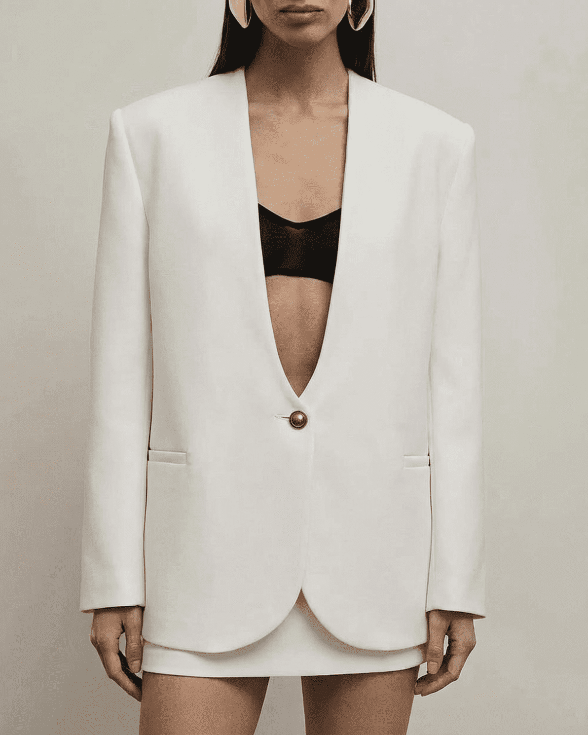 Alba Blazer by Slimona, women's tailored white blazer with deep V-neck and single-breasted design.