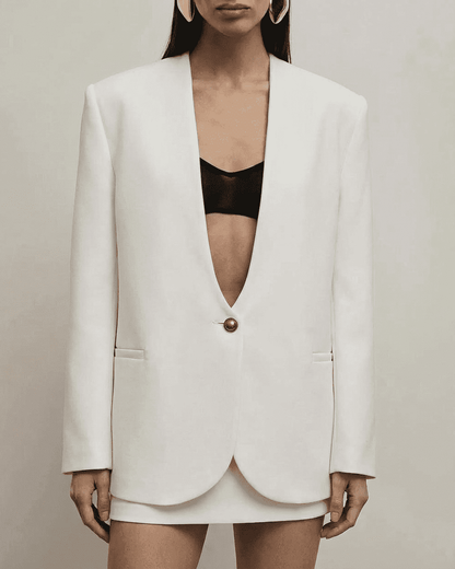 Alba Blazer by Slimona, women's tailored white blazer with deep V-neck and single-breasted design.
