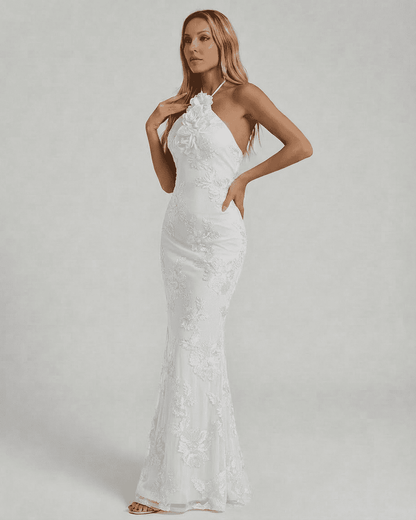 Alba Maxi Dress by Slimona, elegant halter neck design with floral foil print and 3D appliqué detailing.