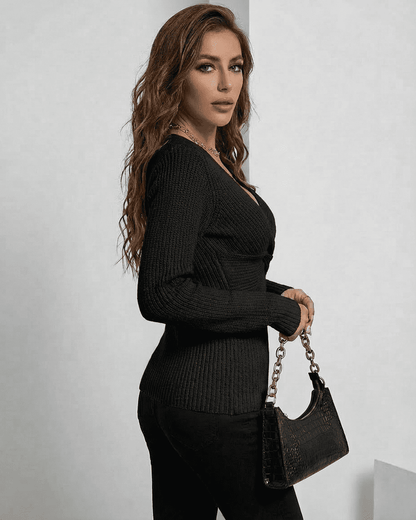 Alina Pullover by Slimona in sleek ribbed design, showcasing a slim fit V-neck sweater in elegant black.