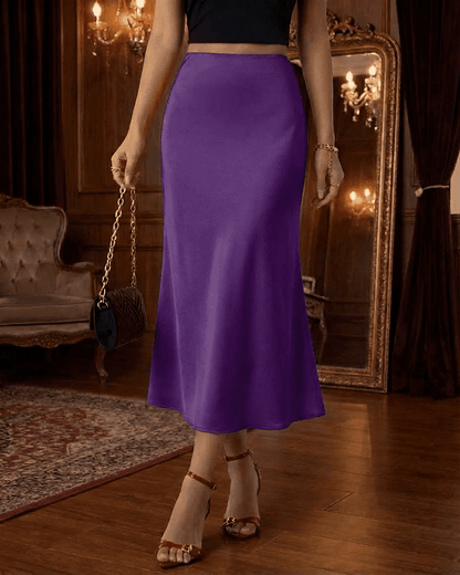 Amethyst Midi Skirt by Slimona, elegant satin mermaid midi skirt in vibrant purple, perfect for modern wardrobes.