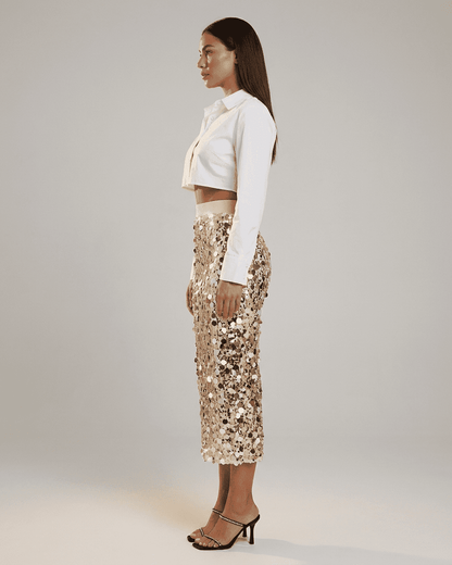 Aureline Midi Skirt by Slimona: Sequin high waist bodycon midi skirt showcased on model in profile view.