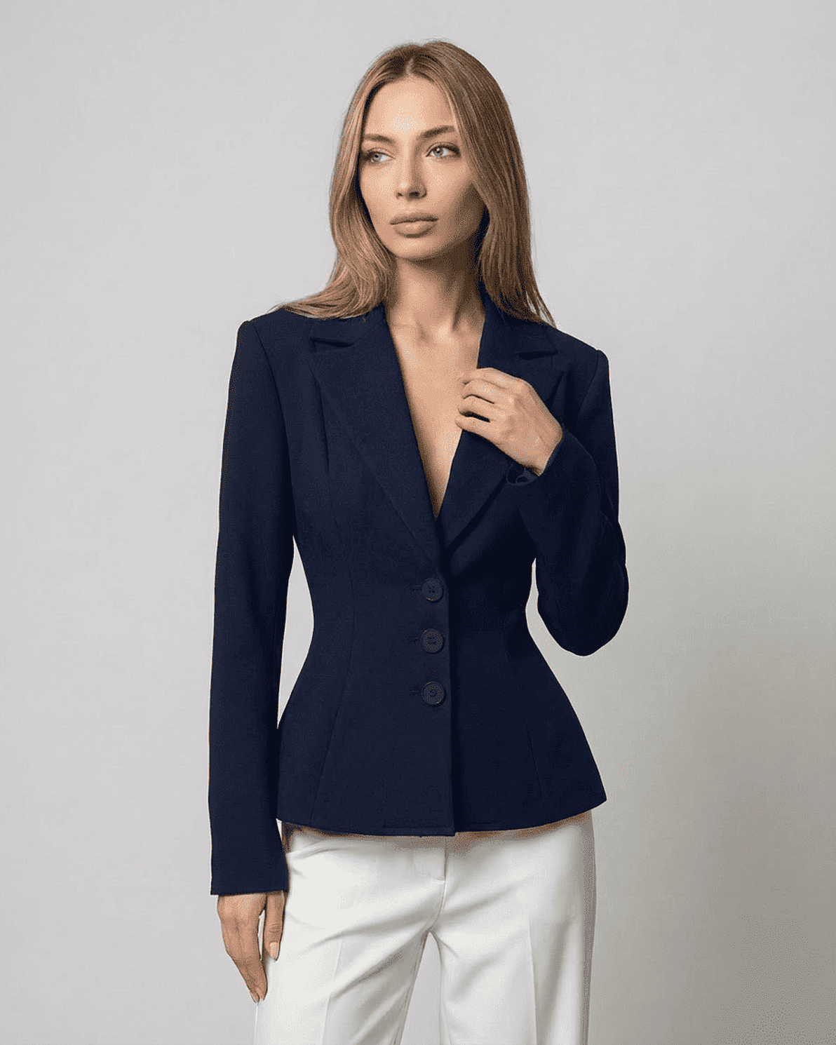 Aurora Blazer by Slimona featuring a fitted waist and V-neck tailored silhouette in navy.
