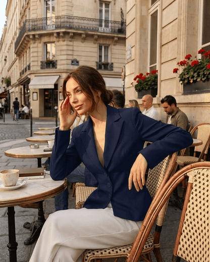 Woman in navy Aurora Blazer by Slimona, seated at a café with outdoor street view.