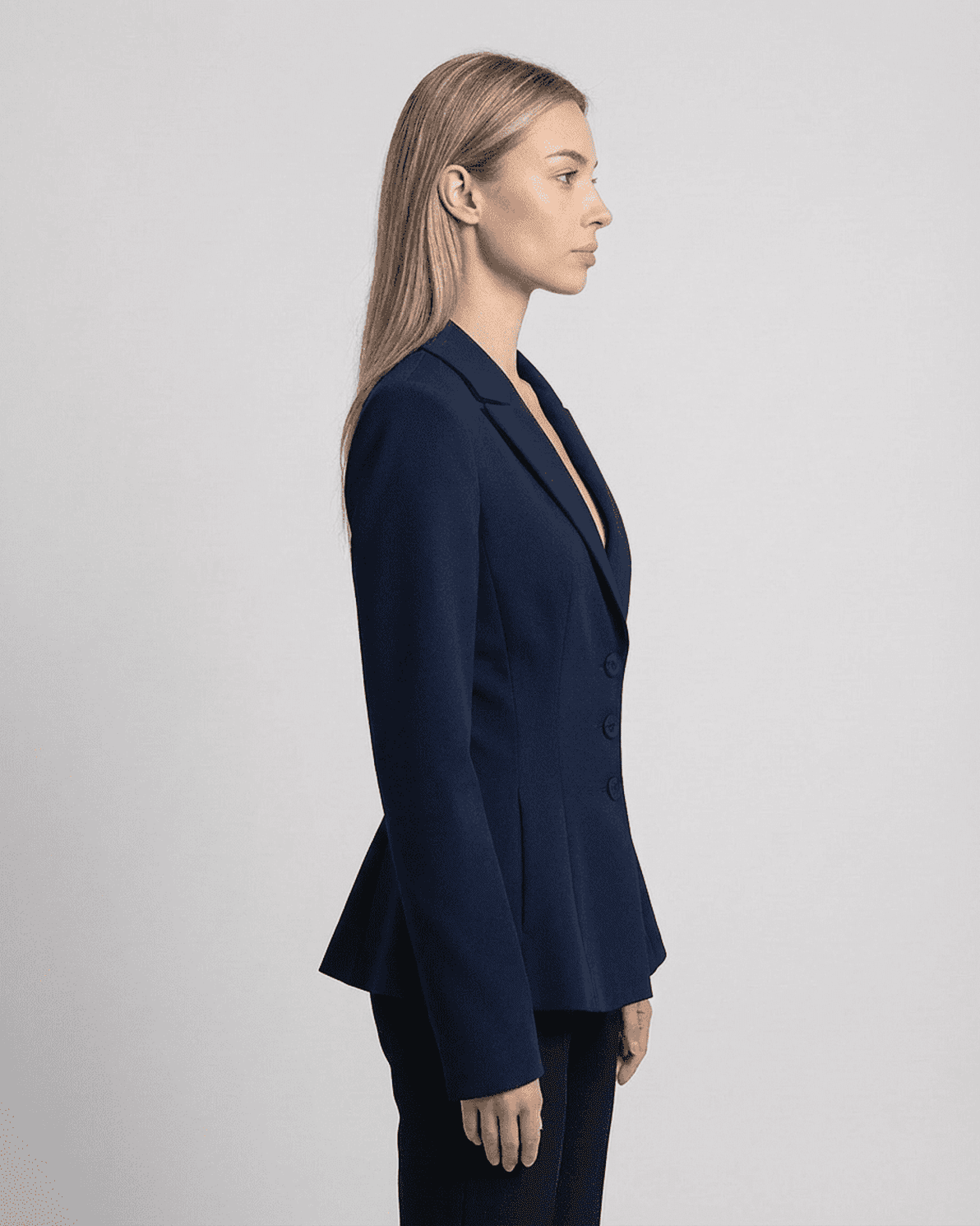 Aurora Blazer by Slimona, fitted waist, V-neck tailored silhouette in navy showcasing structured profile.
