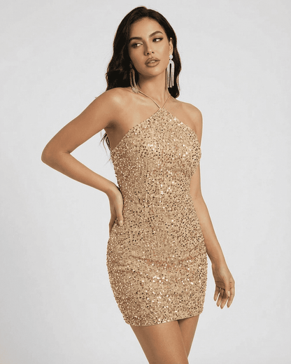 Aurora Mini Dress by Slimona, a stunning sequin bodycon dress showcasing a high waist silhouette in gold.