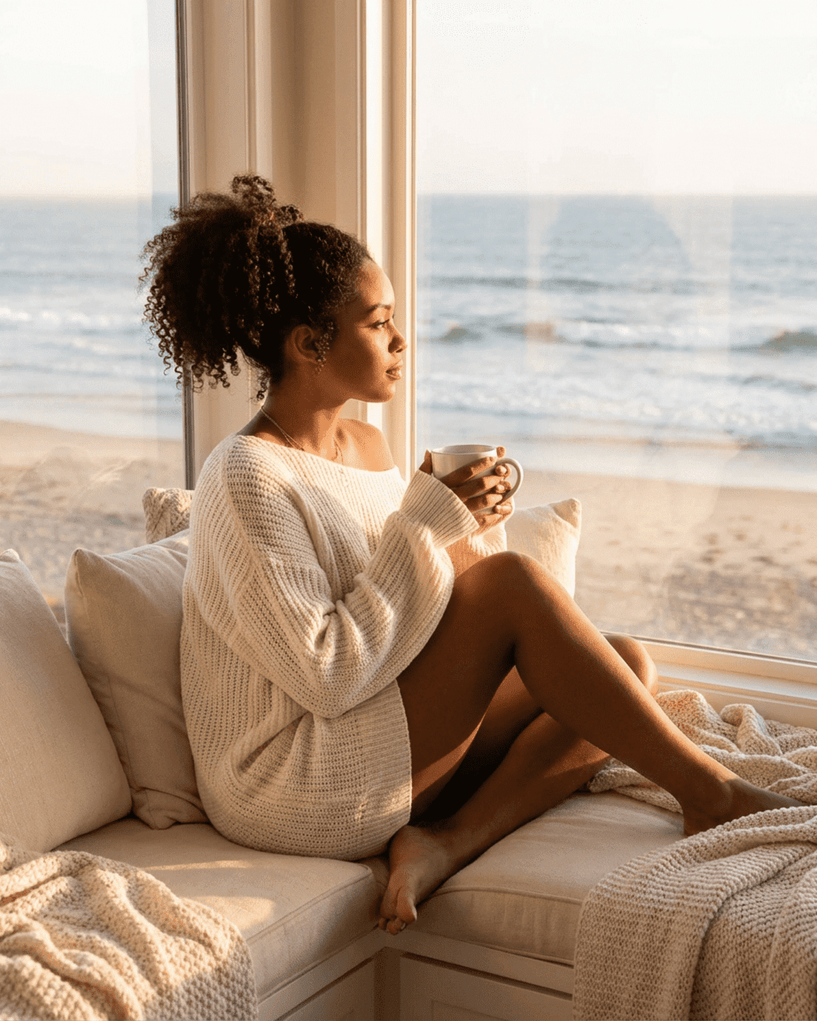 Woman enjoying coffee in a cozy setting, wearing the Aurora Mini Dress by Slimona.