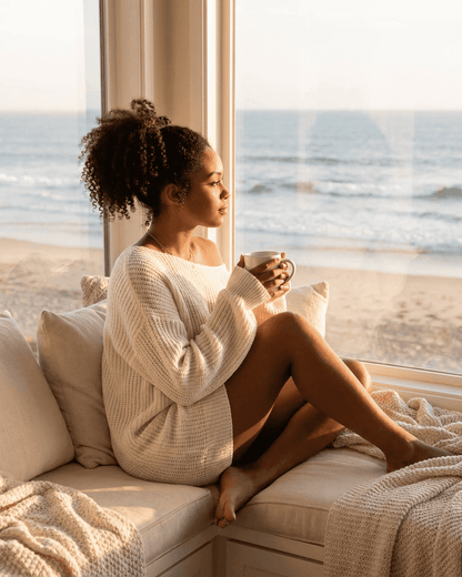 Woman enjoying coffee in a cozy setting, wearing the Aurora Mini Dress by Slimona.
