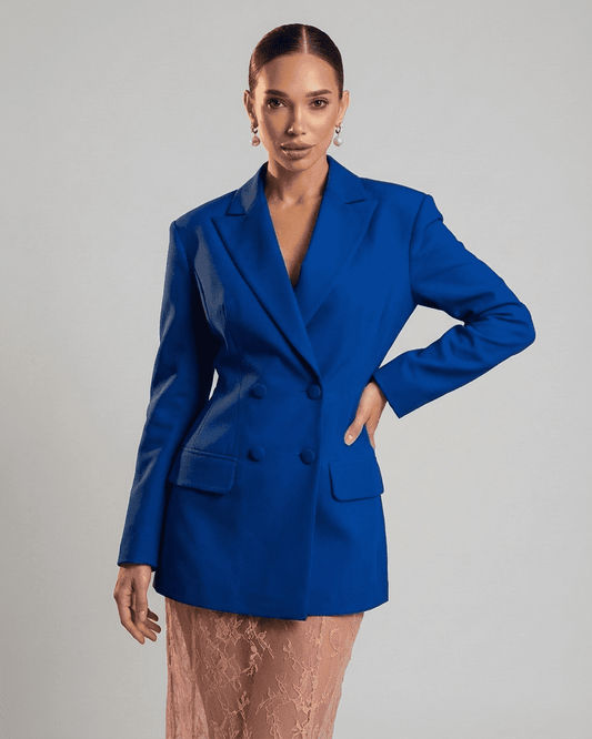 Azura Blazer by Slimona, women's blue double-breasted tailored blazer with sharp lapels and elegant silhouette.