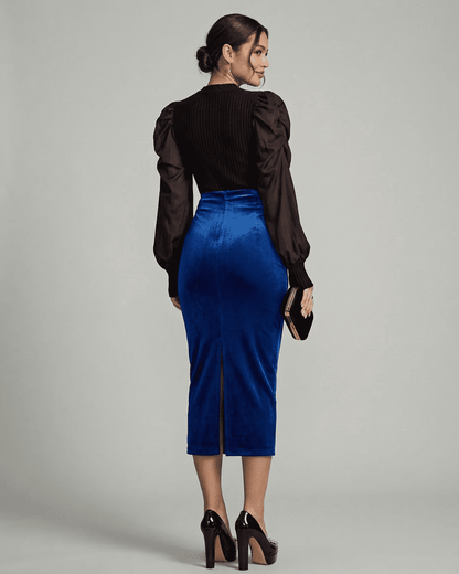 Azure Midi Skirt by Slimona — High-waisted velvet mid-skirt with an elegant back slit, perfect for modern wardrobes.