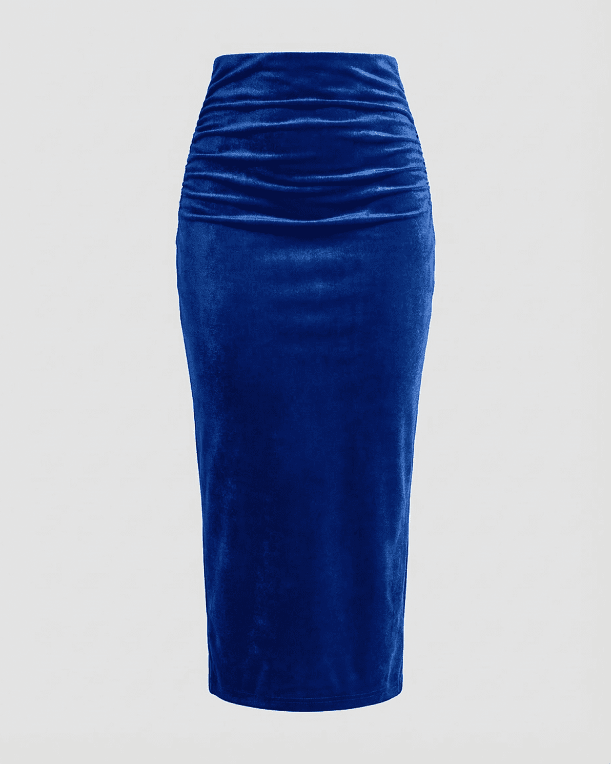 Azure Midi Skirt by Slimona — High-waisted velvet pencil skirt with elegant back slit in deep blue.