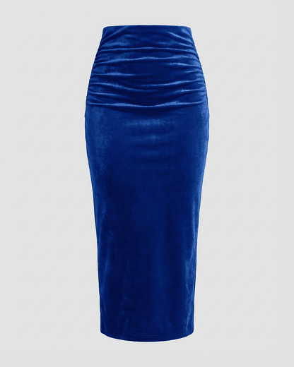 Azure Midi Skirt by Slimona — High-waisted velvet pencil skirt with elegant back slit in deep blue.