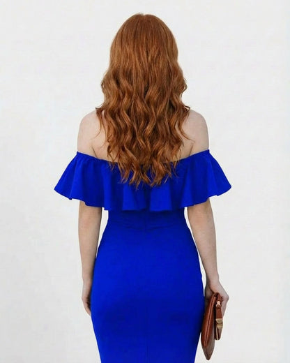 Azuréa Midi Dress by Slimona in royal blue, showcasing an elegant off shoulder ruffled design from the back.