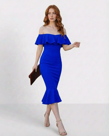 Azuréa Midi Dress by Slimona - Off shoulder ruffled bodycon midi dress in blue, perfect for cocktail and evening events.