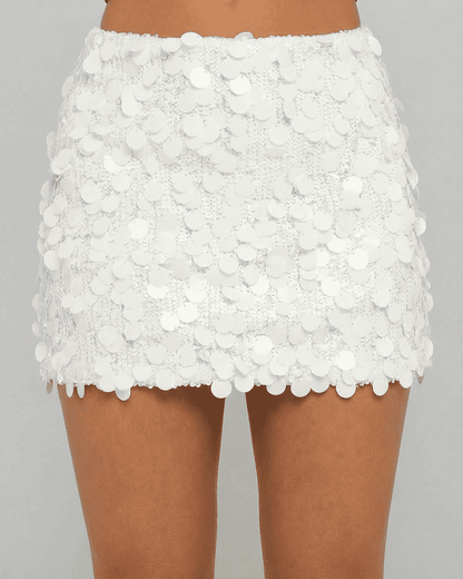 Bianca Mini Skirt by Slimona featuring a white sequin A-line bodycon design, ideal for glamorous nights out.