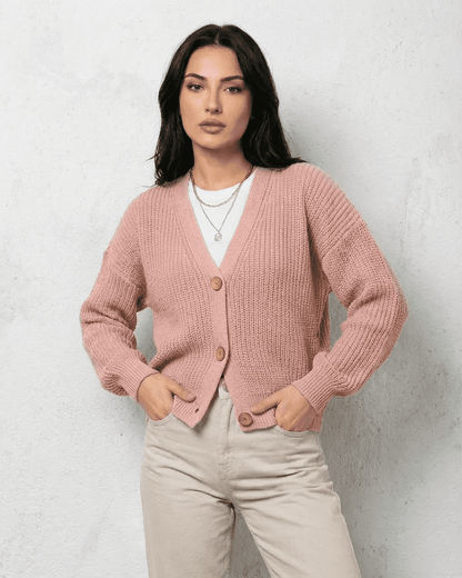 Blush Cardigan by Slimona - Soft pink knitwear with a relaxed V-neck design and buttons for effortless style.