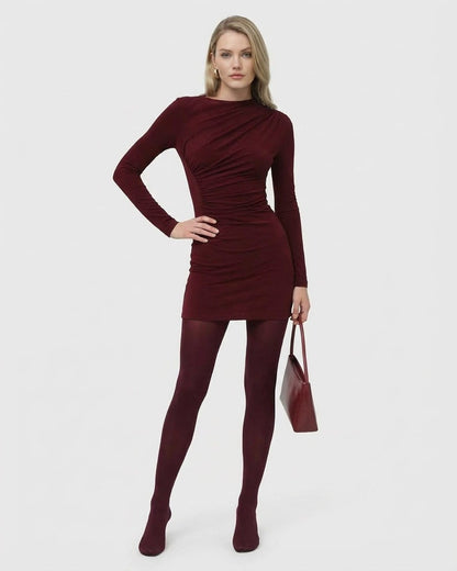 Bordeaux Mini Dress by Slimona, long sleeve bodycon mini dress in deep wine tone, high waist and applique detail.