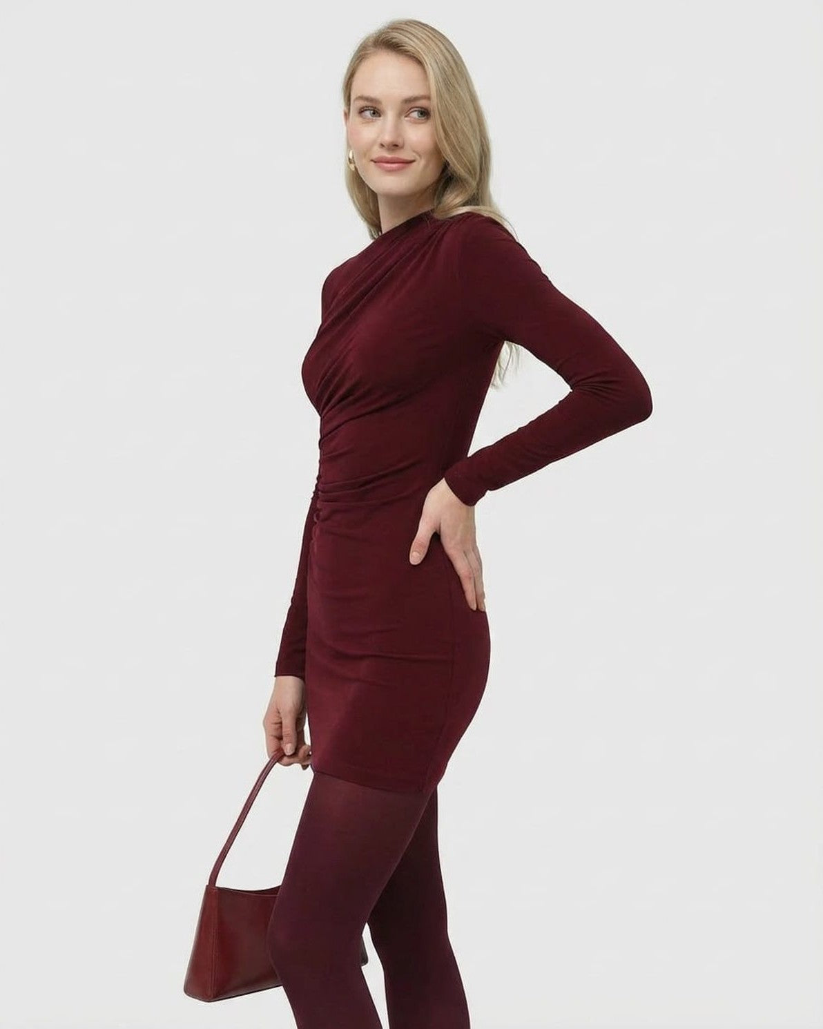 Bordeaux Mini Dress by Slimona featuring long sleeve bodycon design and high waist silhouette in deep wine shade.