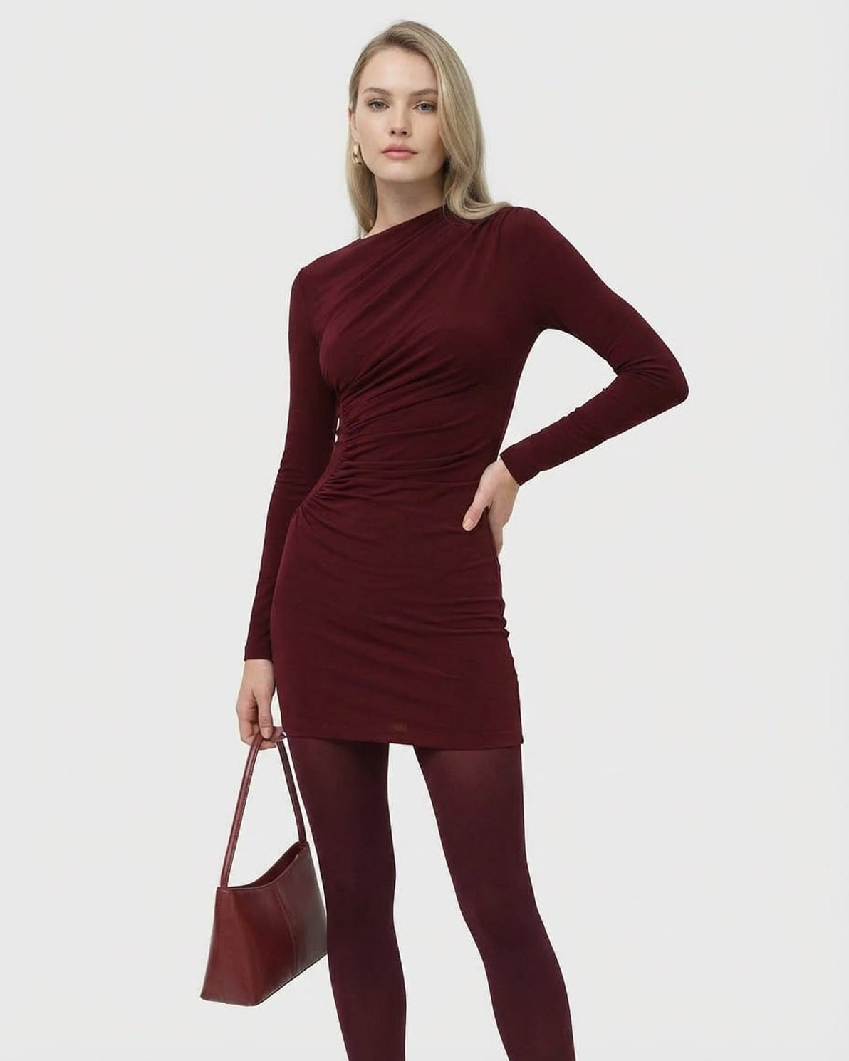 Bordeaux Mini Dress by Slimona featuring long sleeve design and high waist with applique detail.