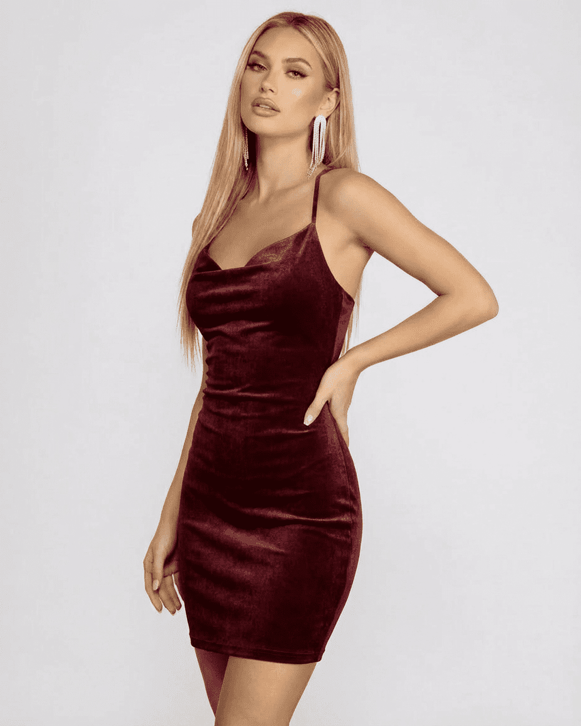 Bordeaux Mini Dress by Slimona, featuring a velvet cowl neck, backless design, and elegant silhouette for a chic look.