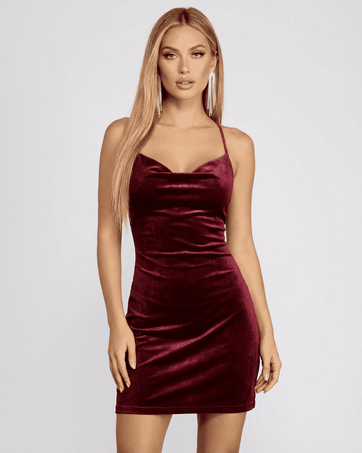Bordeaux Mini Dress by Slimona: elegant backless velvet mini dress with soft cowl neckline and rich wine tone.