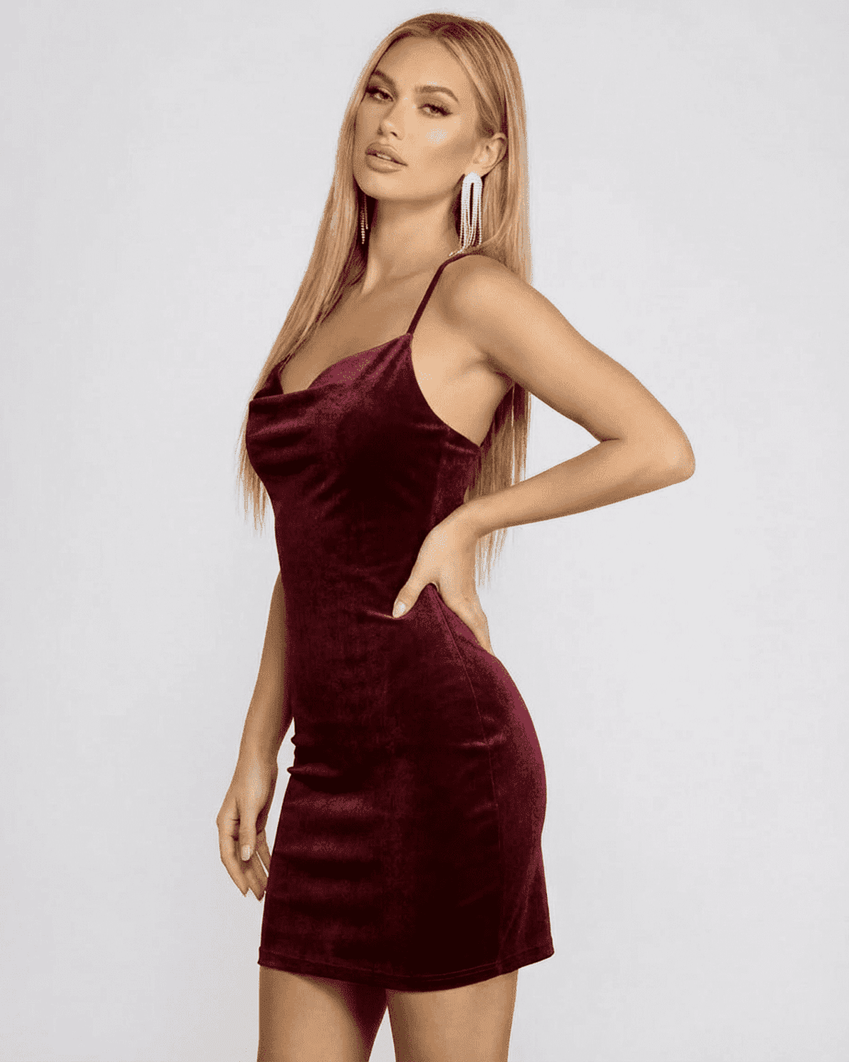 Bordeaux Mini Dress by Slimona, featuring a velvet cowl neck and backless design, perfect for elegant occasions.
