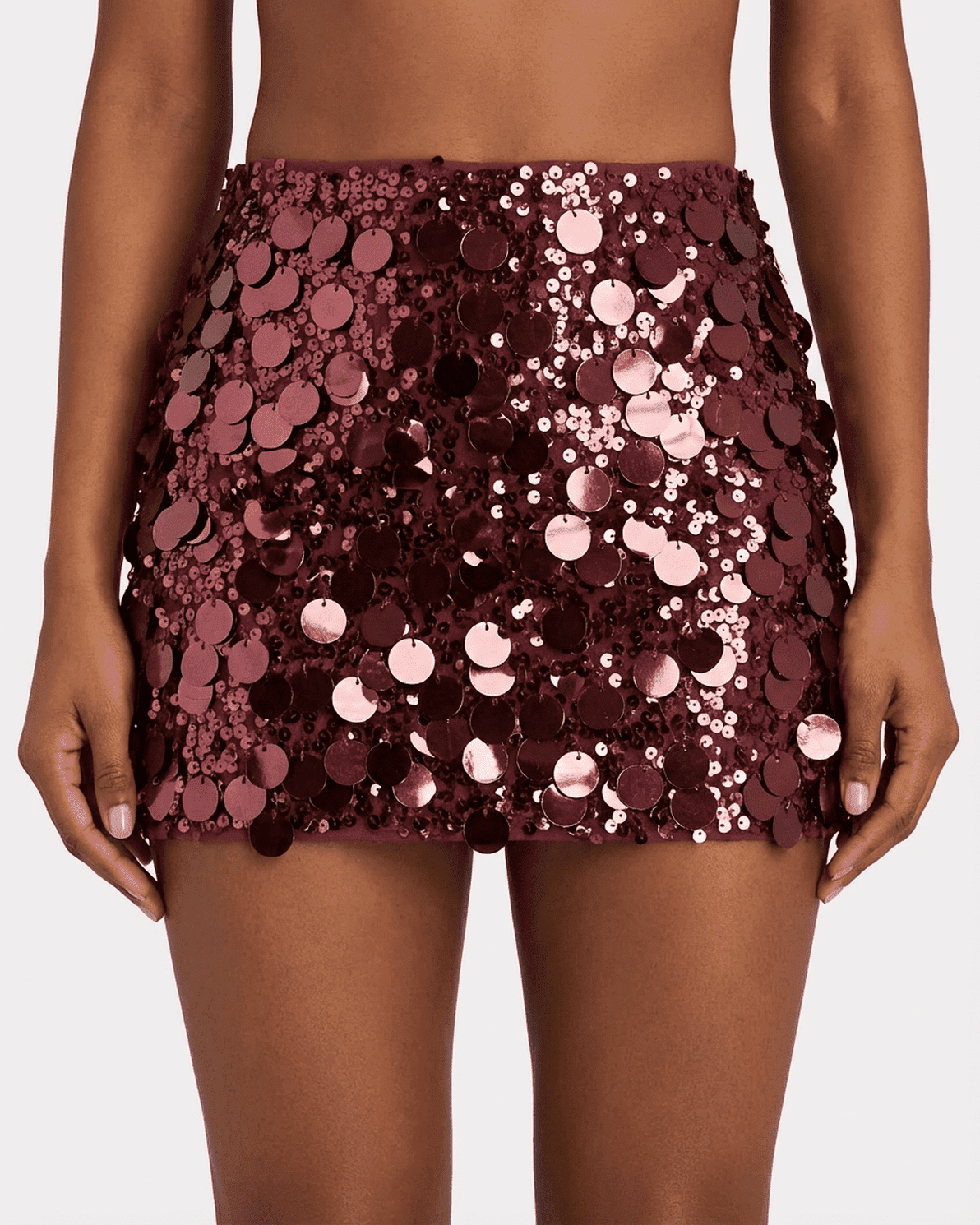 Bordeaux Mini Skirt by Slimona featuring burgundy sequin hem, perfect for evening events and parties.