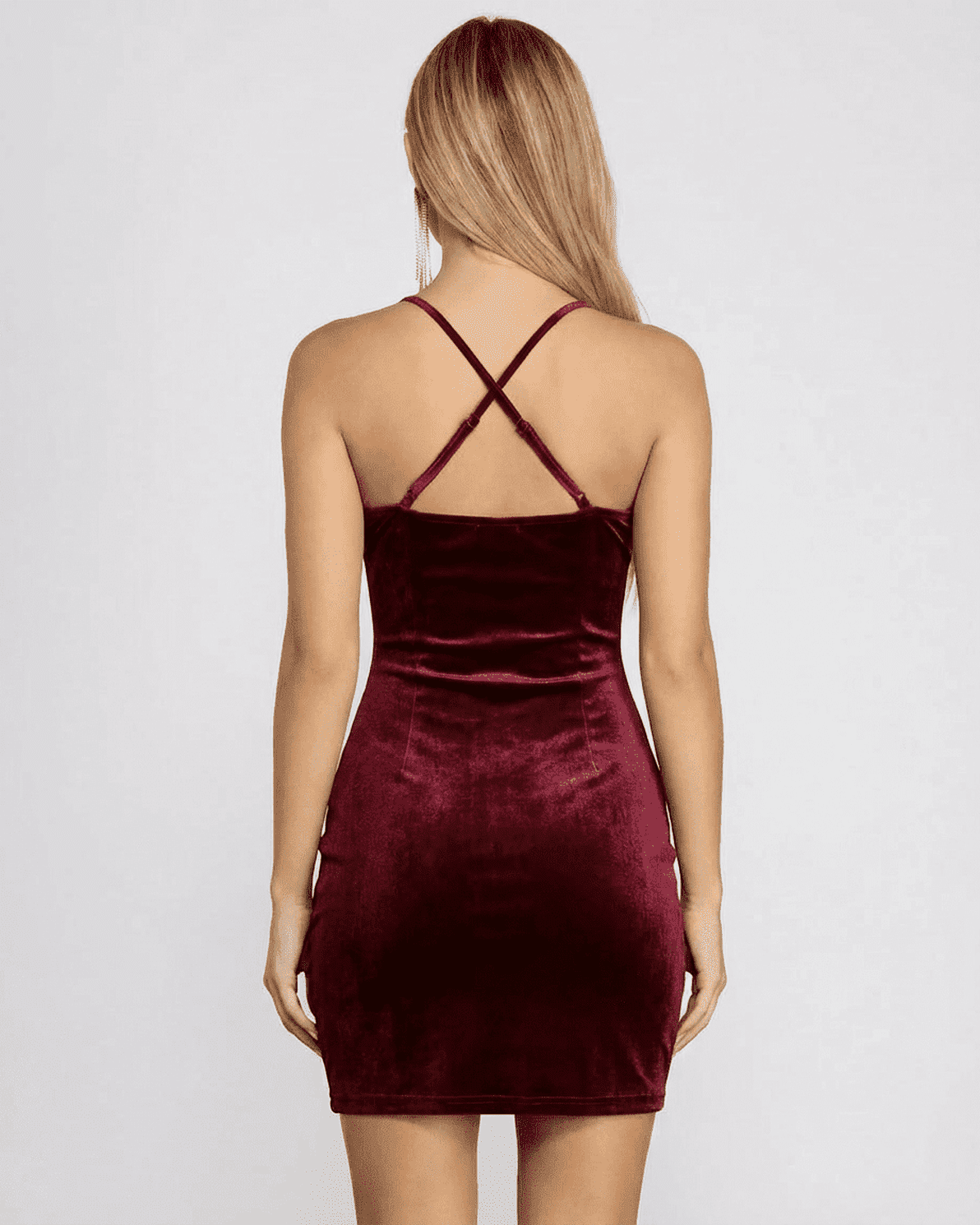 Back view of the Slimona Bordeaux Mini Dress featuring elegant cross-back straps and a luxurious velvet finish.