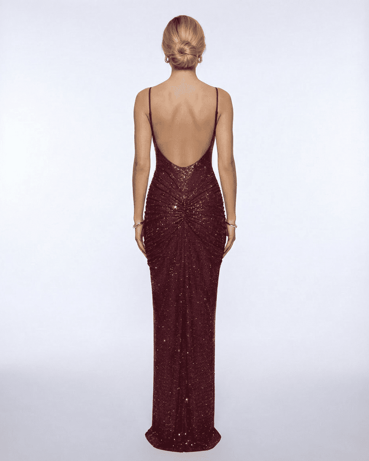 Vega Maxi Dress by Slimona, burgundy crystal-embellished evening gown showcasing a sleek back design.