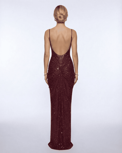 Vega Maxi Dress by Slimona, burgundy crystal-embellished evening gown showcasing a sleek back design.