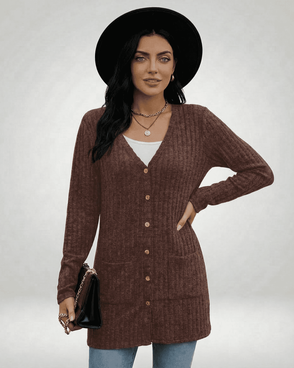 Cairo Cardigan by Slimona — Longline button-front knitwear in a rich brown tone, showcasing a classic V-neckline.