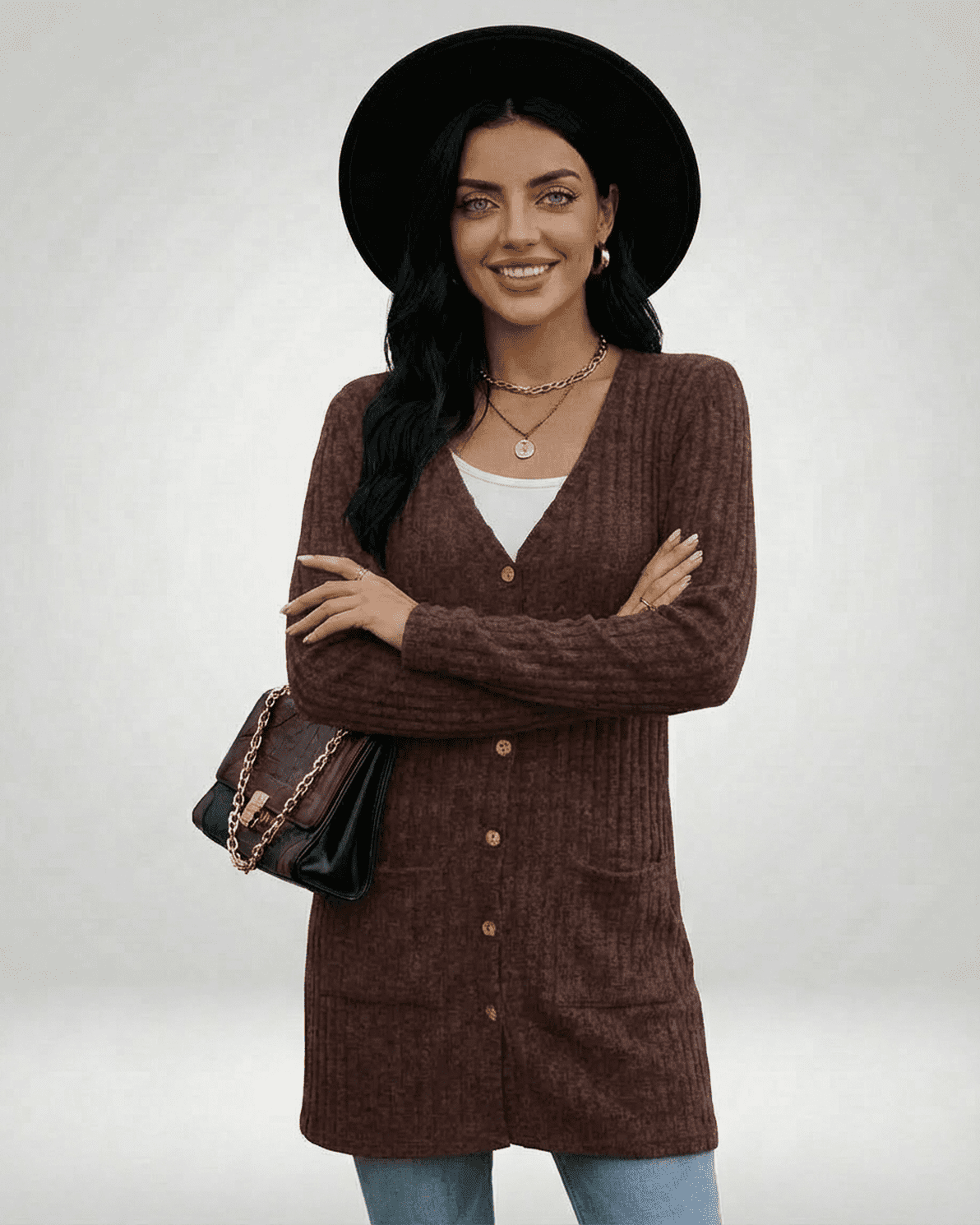 Cairo Cardigan by Slimona, longline knitwear with button-front design, V-neckline, and stylish brown texture.