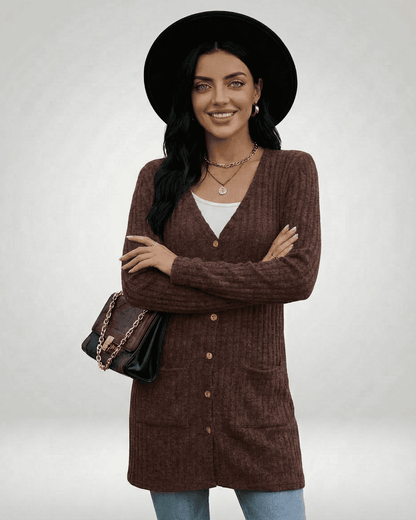 Cairo Cardigan by Slimona, longline knitwear with button-front design, V-neckline, and stylish brown texture.