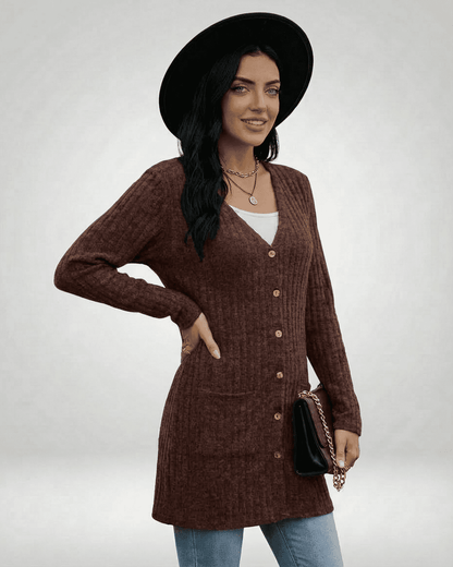 Cairo Cardigan by Slimona, a longline button-front knitwear women's cardigan in brown with a V-neckline.