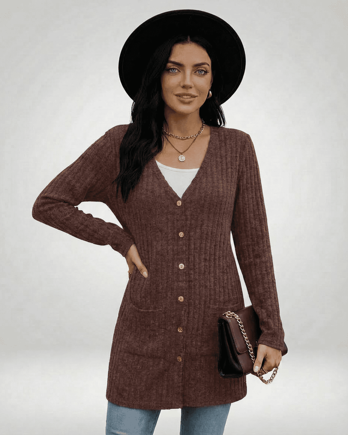 Cairo Cardigan by Slimona, longline button-front knitwear in rich brown color, featuring a V-neckline and stylish pockets.