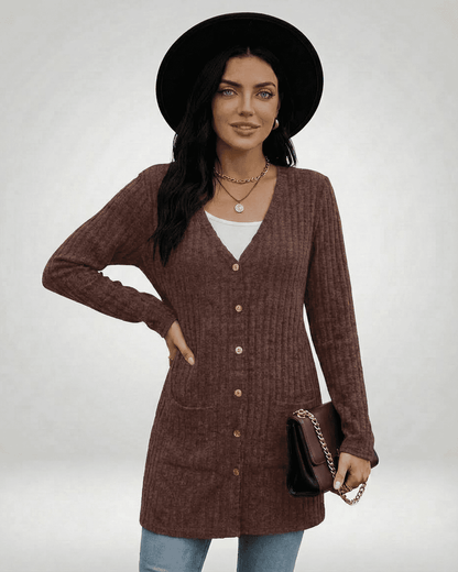 Cairo Cardigan by Slimona, longline button-front knitwear in rich brown color, featuring a V-neckline and stylish pockets.
