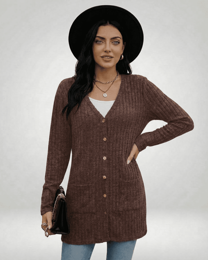 Cairo Cardigan by Slimona featuring a longline knit design, V-neckline, and button-front style.