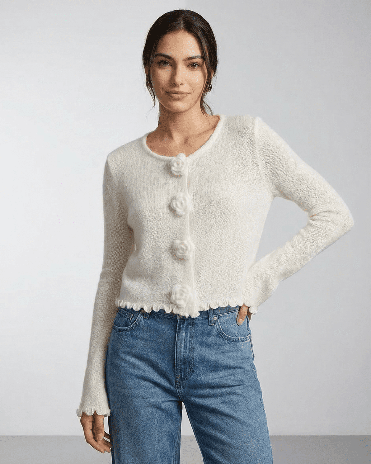 Camellia Cardigan by Slimona, floral button knit cardigan with soft texture and modern design.