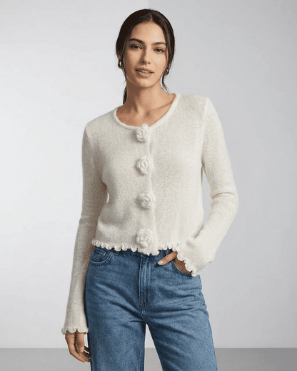 Camellia Cardigan by Slimona, featuring floral buttons and a soft knit texture, perfect for elevated everyday styling.