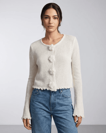 Camellia Cardigan by Slimona featuring floral buttons and a soft knit texture, ideal for modern styling.