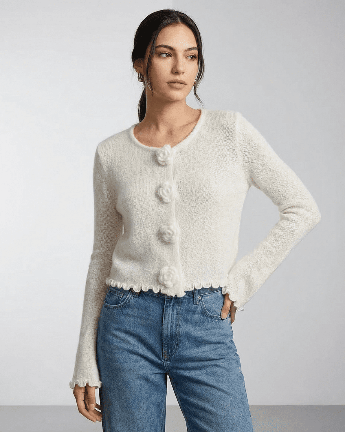 Camellia Cardigan by Slimona - A refined women's floral button knit cardigan featuring a soft texture and elegant design.