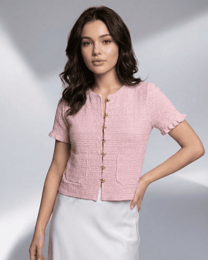 Slimona Camellia Cardigan - Short Sleeve Knit with O-Neck and Button Closure in Soft Pink
