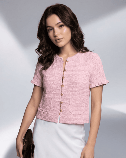 Slimona Camellia Cardigan in pink, short sleeve knit with O-neck and buttoned closure, perfect for warm weather dressing.