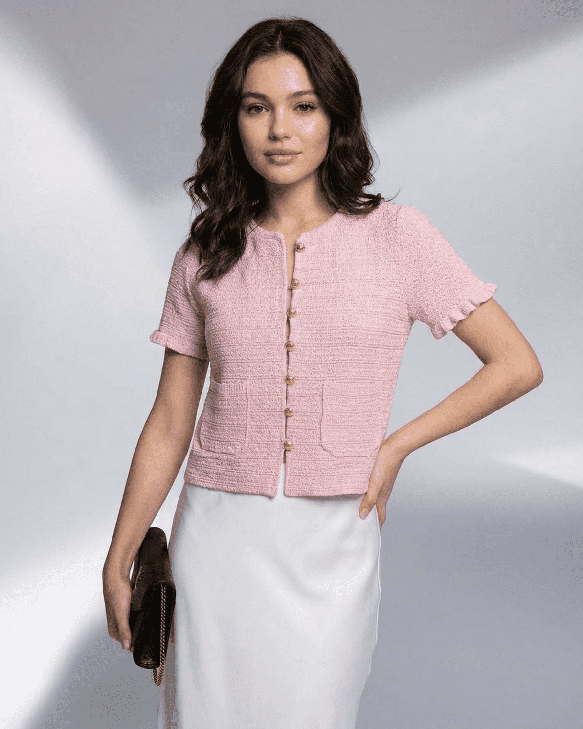 Camellia Cardigan by Slimona - Short Sleeve Buttoned Knit in Pink with O-Neck and Classic Pockets.